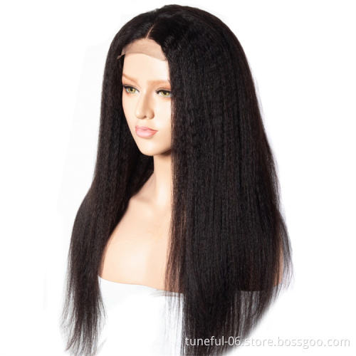 Tuneful wholesale price brazilian remy hair 13x4 frontal lace wig 100% virgin human hair yaki hair style kinky straight wig